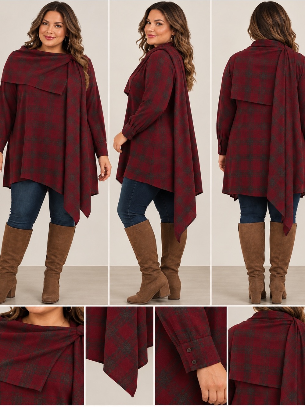 Soft Surroundings Burgundy and Black Plaid Draped Tunic Sweater